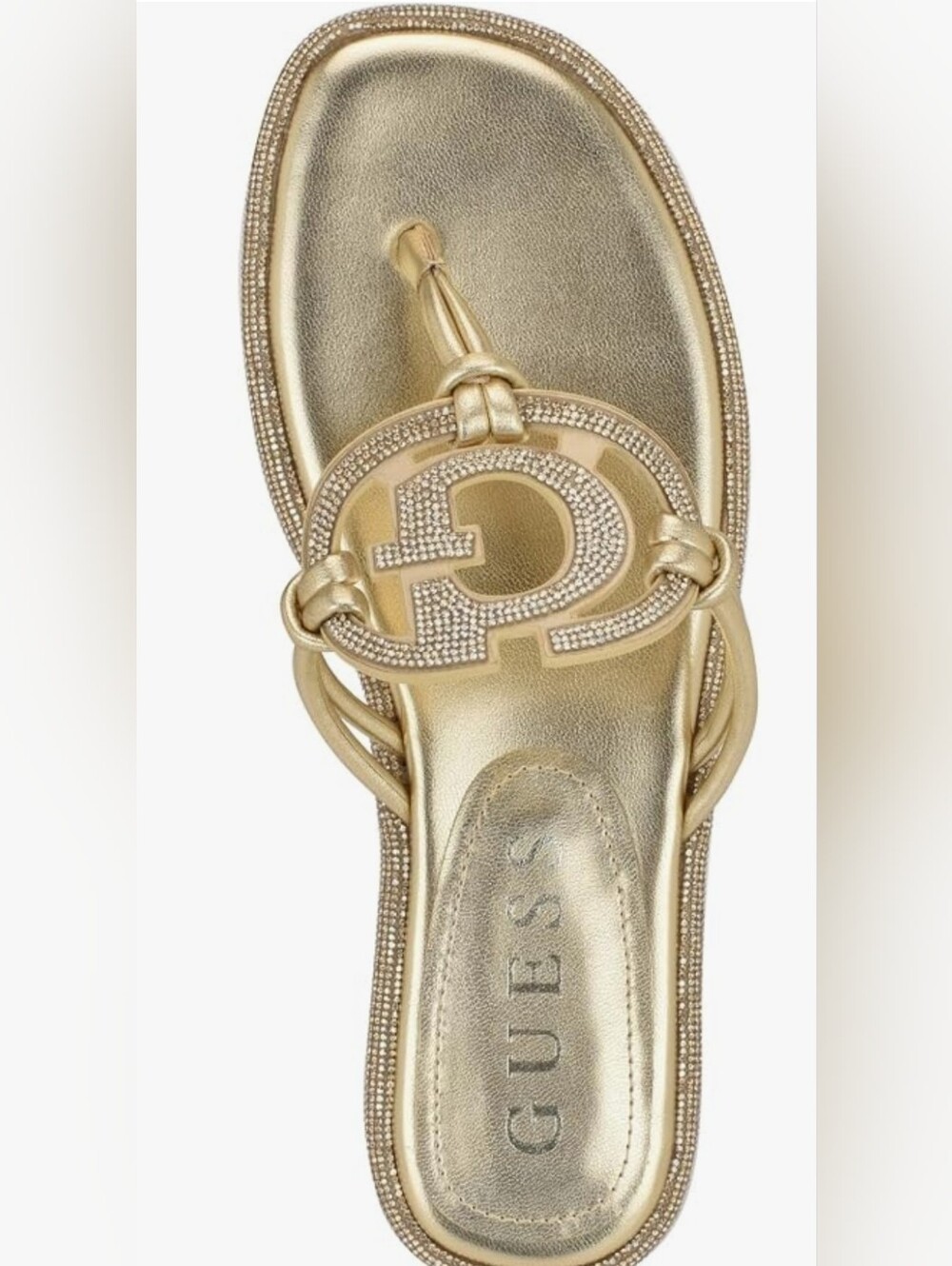Guess Sz 9. Women's Saima G Cutout Rhinestone Flat Sandals - Gold